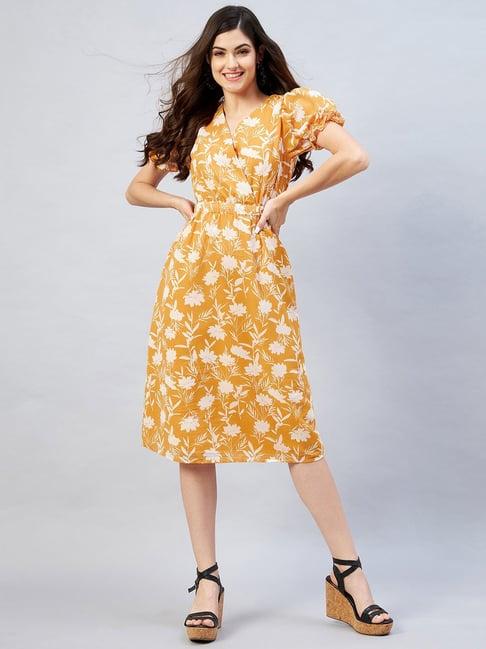 rare mustard floral print wrap dress