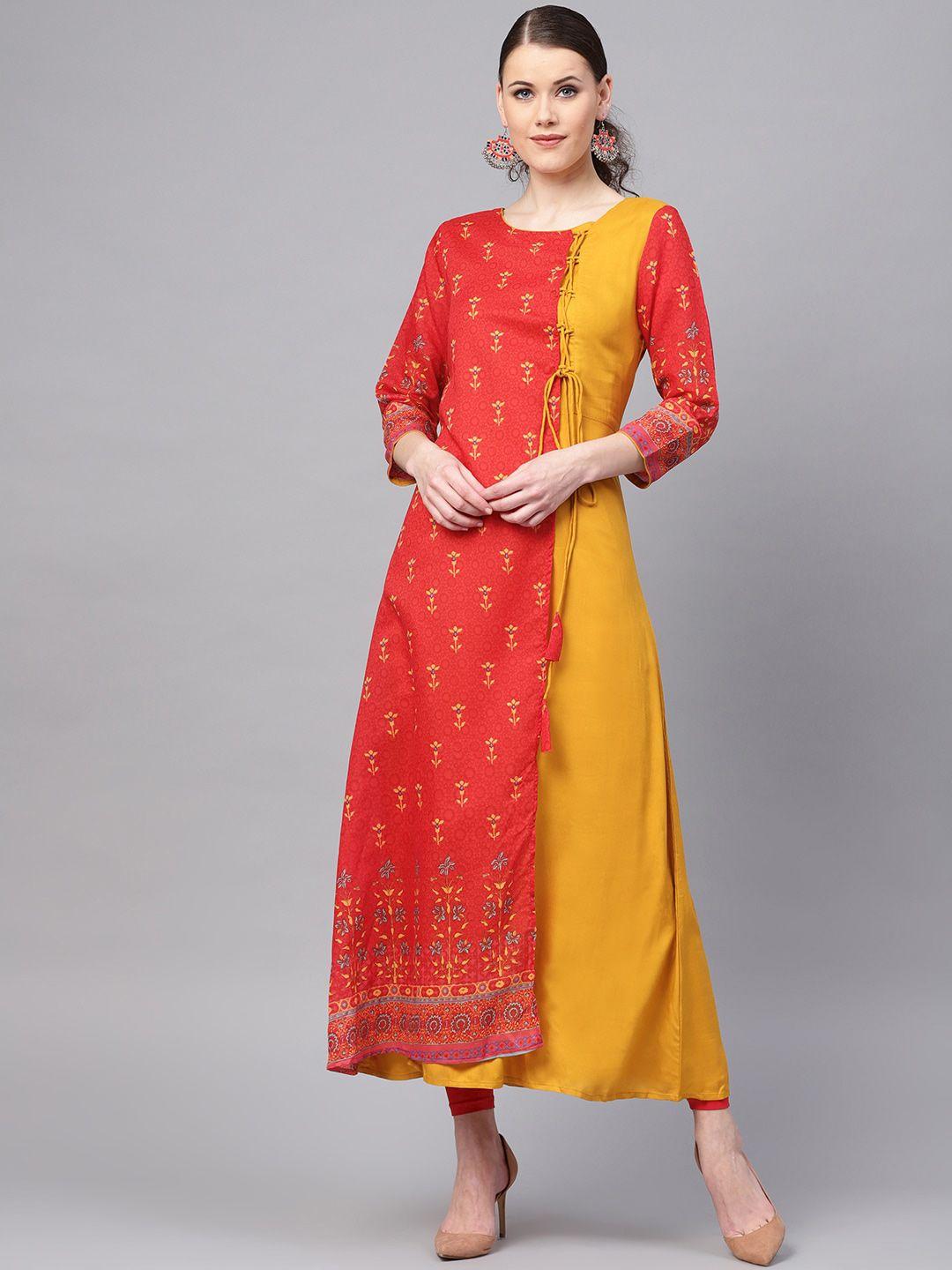 rare mustard yellow & red floral printed a-line kurta