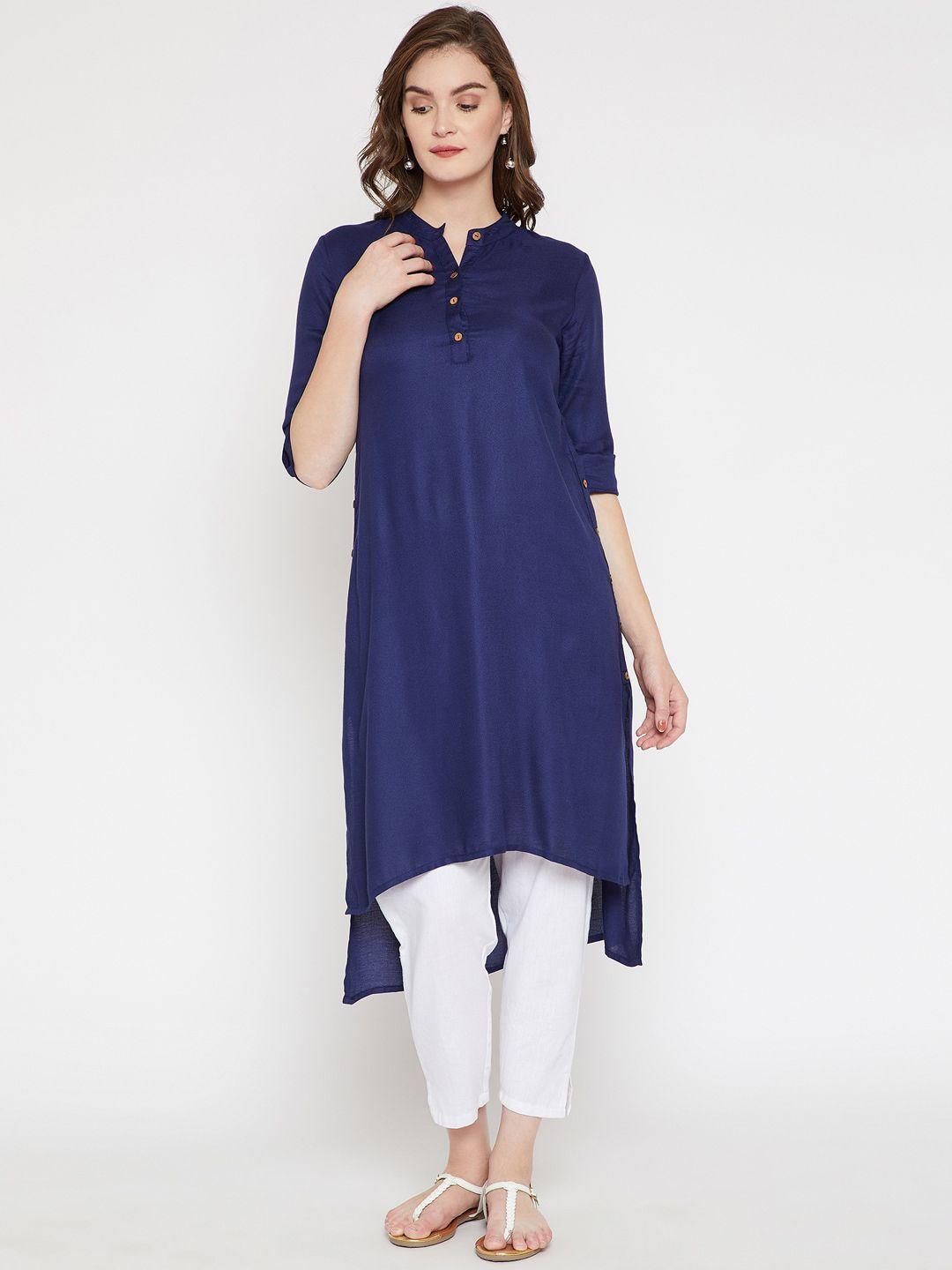 rare navy blue band collar high-low kurta