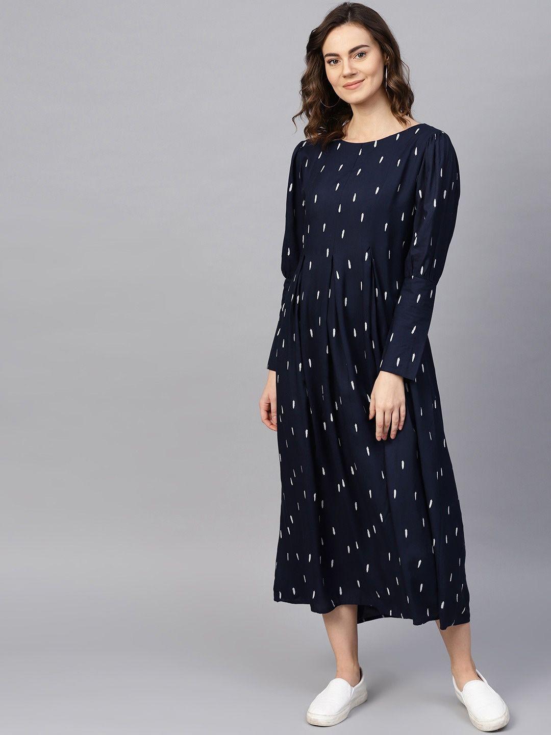 rare navy blue conversational printed cuffed sleeve a-line midi dress