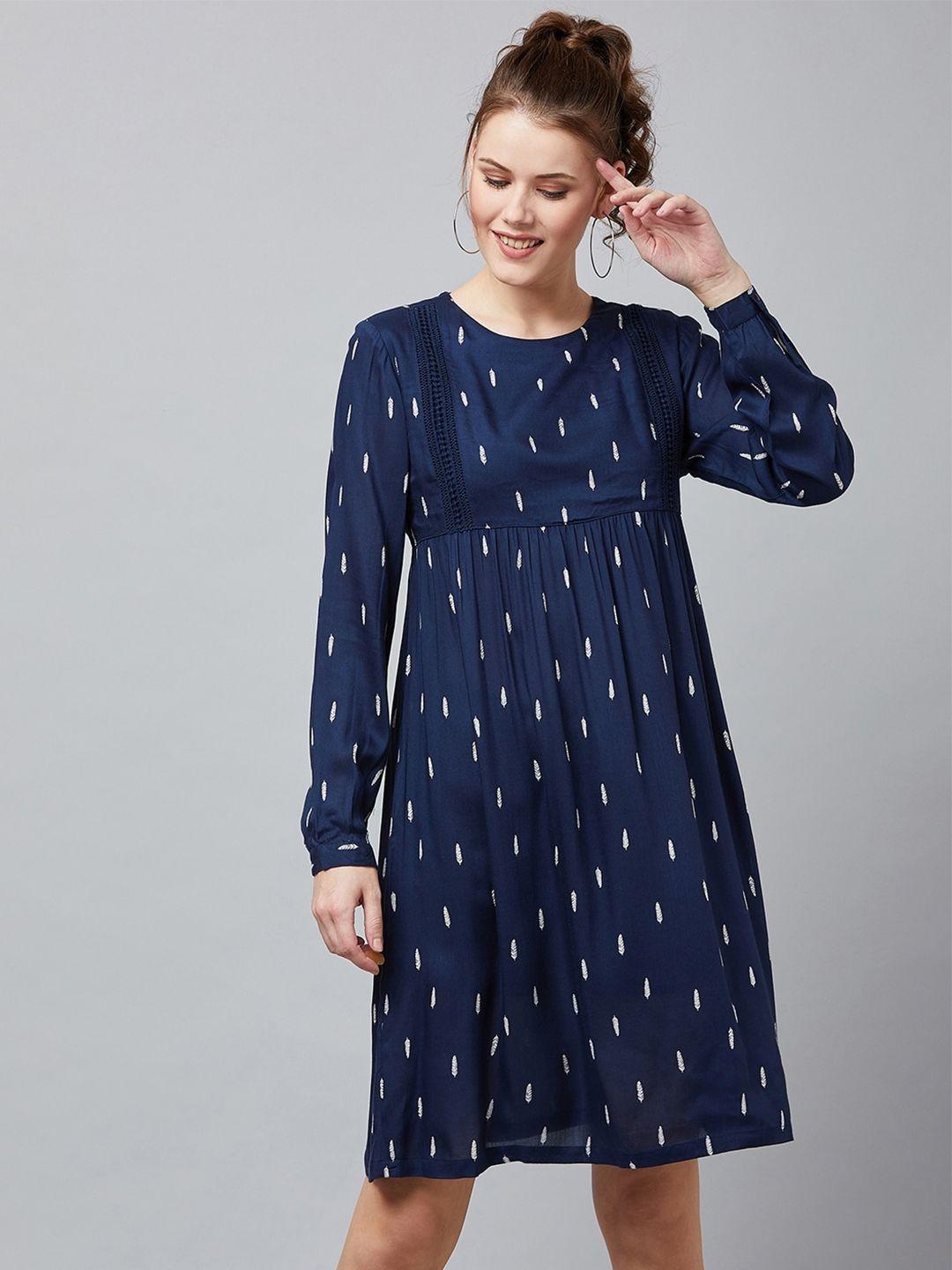 rare navy blue conversational printed gathered a-line dress