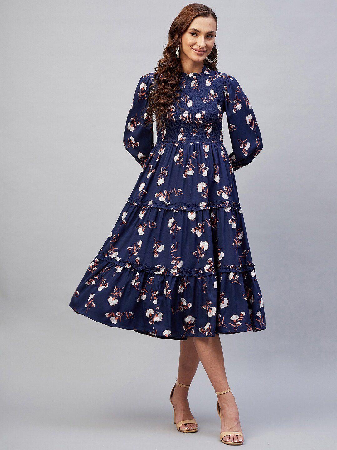 rare navy blue floral crepe a-line midi dress