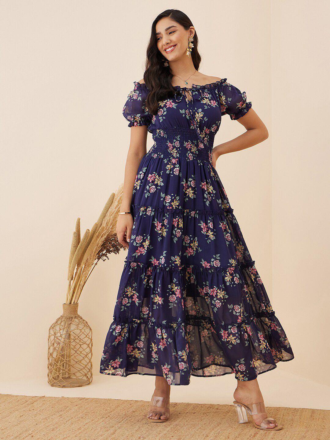 rare navy blue floral print off-shoulder puff sleeve smocked maxi dress