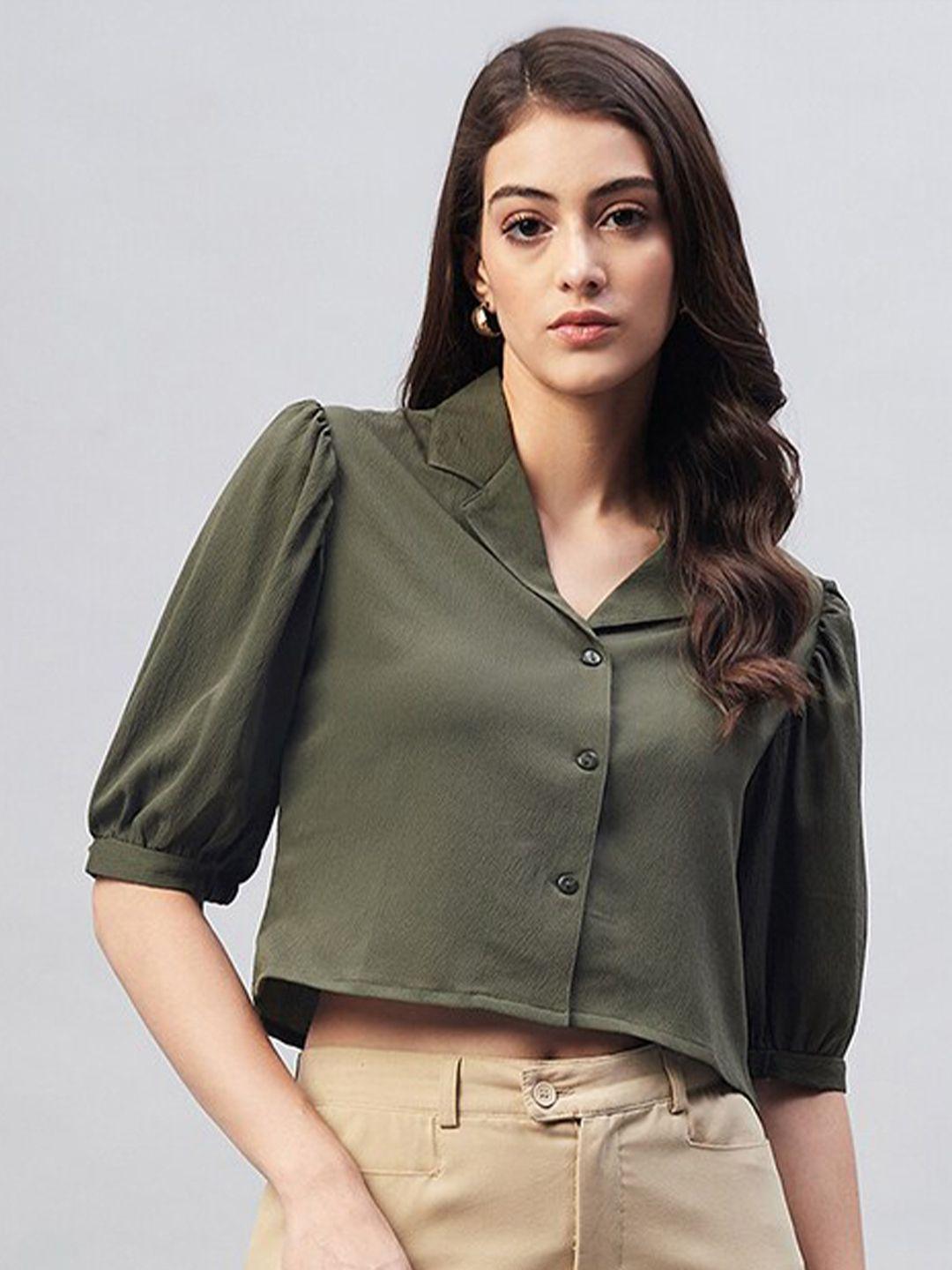 rare olive green puff sleeve crepe crop top