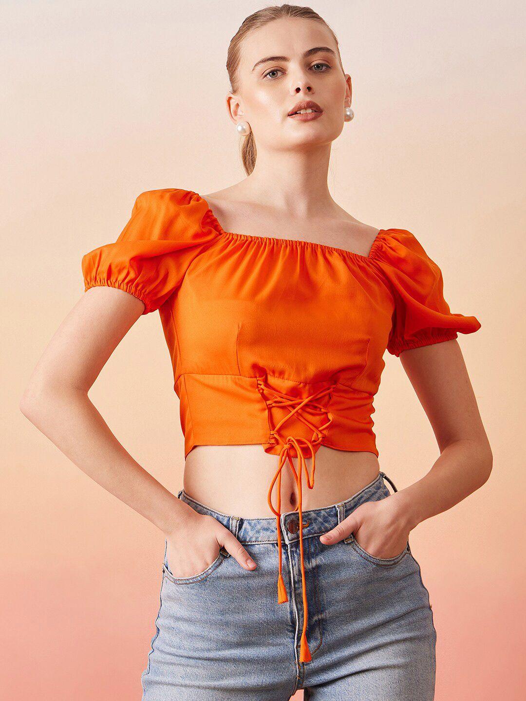 rare orange floral puff sleeve crepe crop top