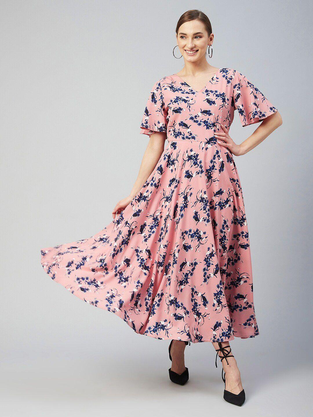 rare peach-coloured & blue floral crepe maxi dress