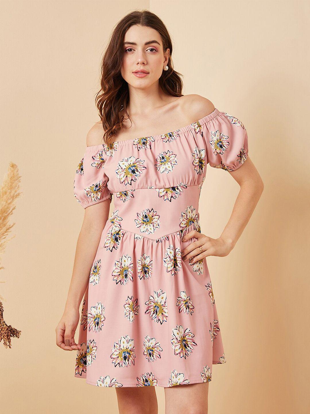 rare peach-coloured & yellow floral printed smocked off-shoulder puff sleeves a-line dress