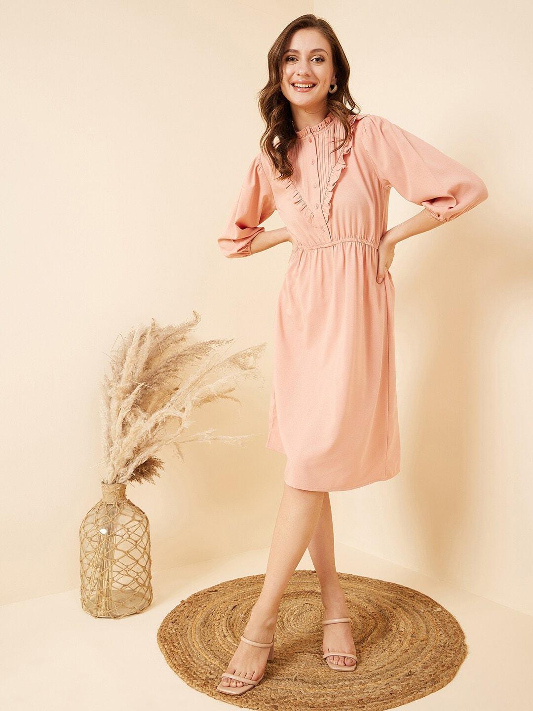 rare peach-coloured gathered bell sleeve fit & flare dress