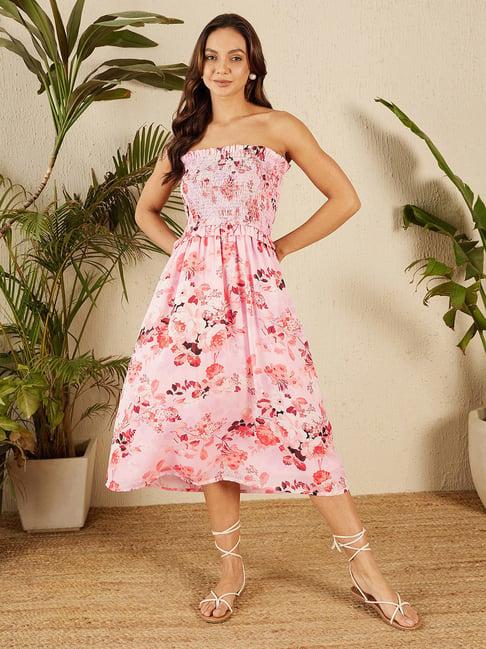 rare pink & brown floral print midi dress