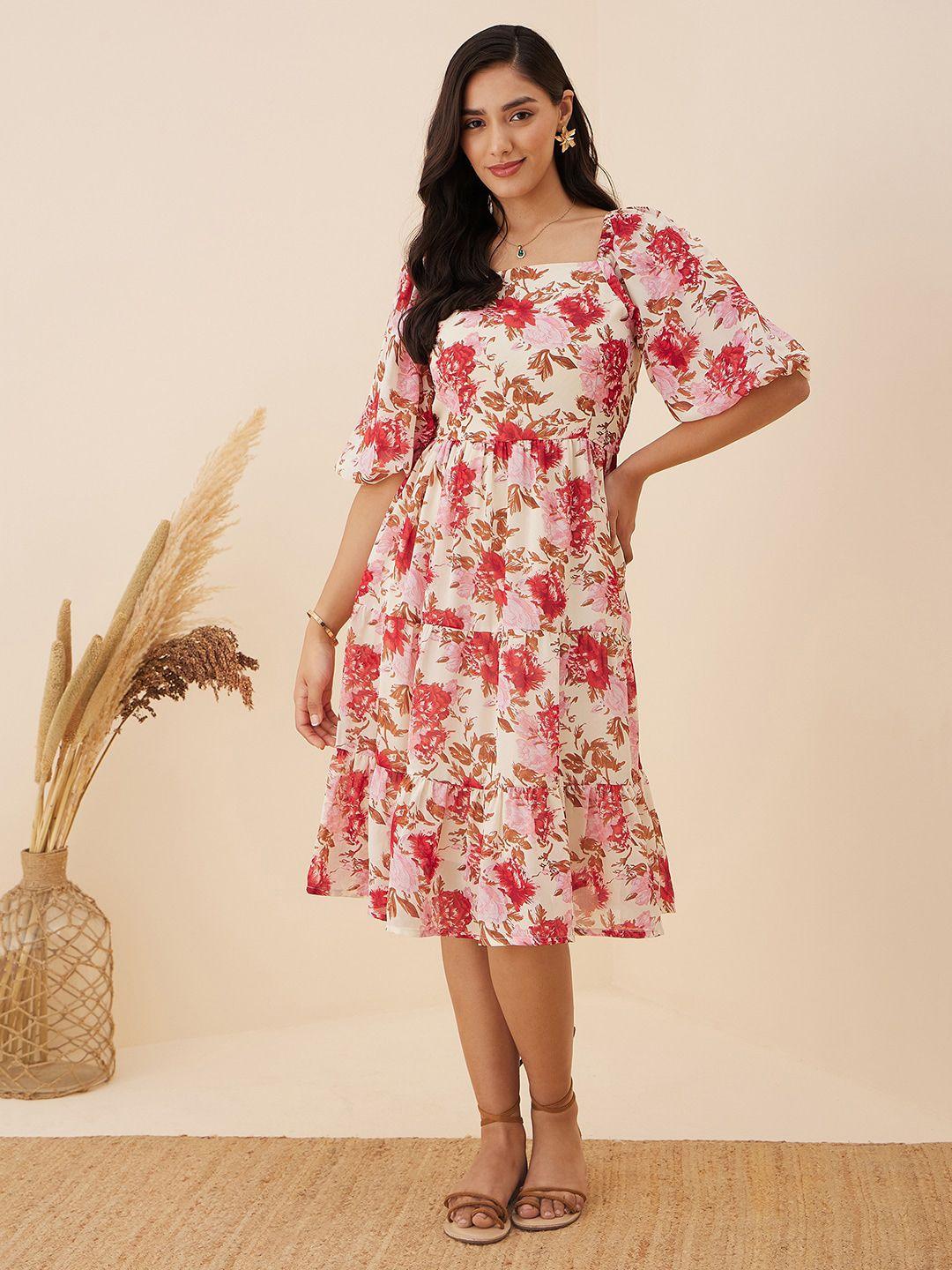 rare pink floral printed flared sleeves a-line dress