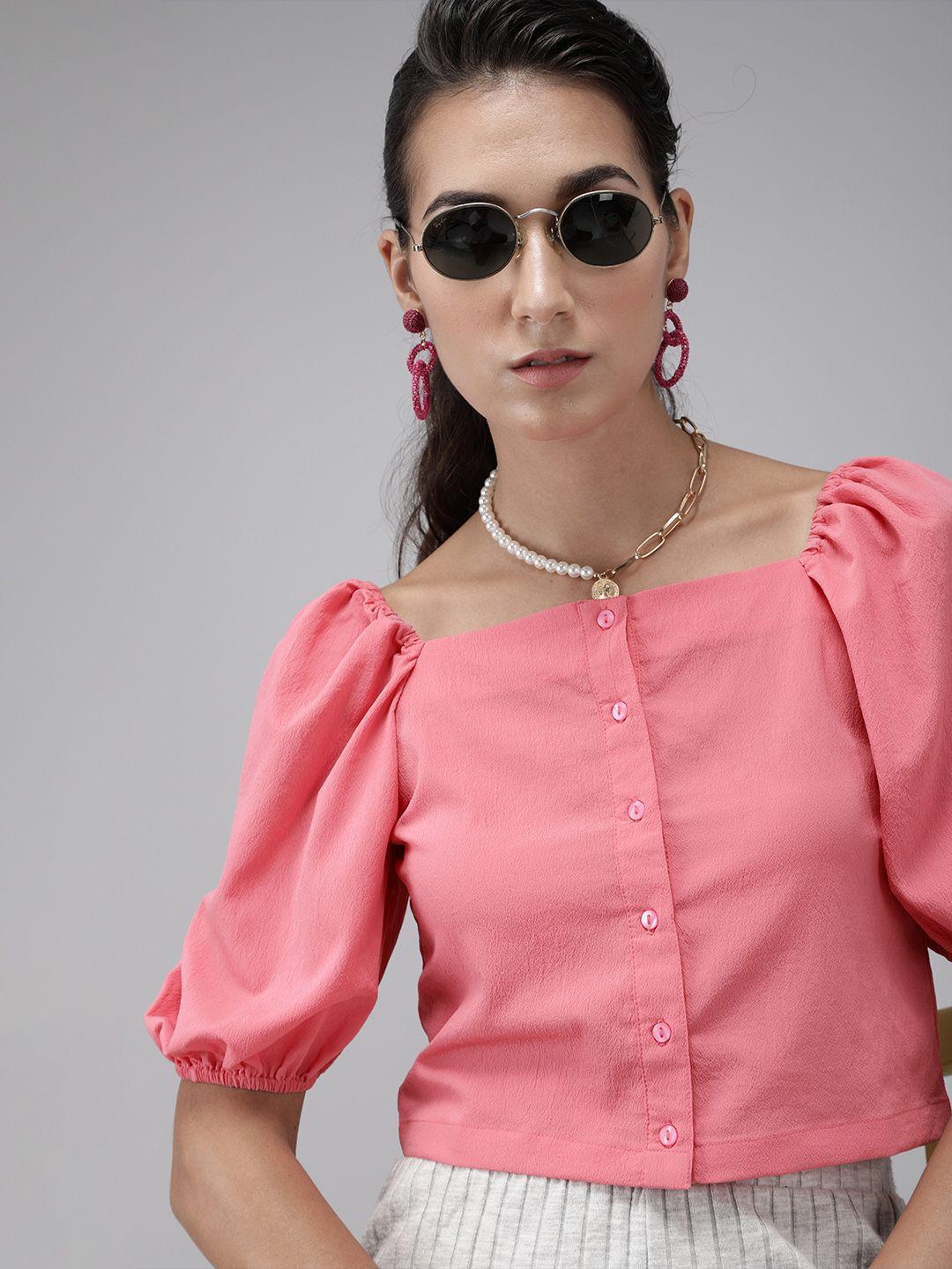 rare pink puff sleeves crepe regular crop top