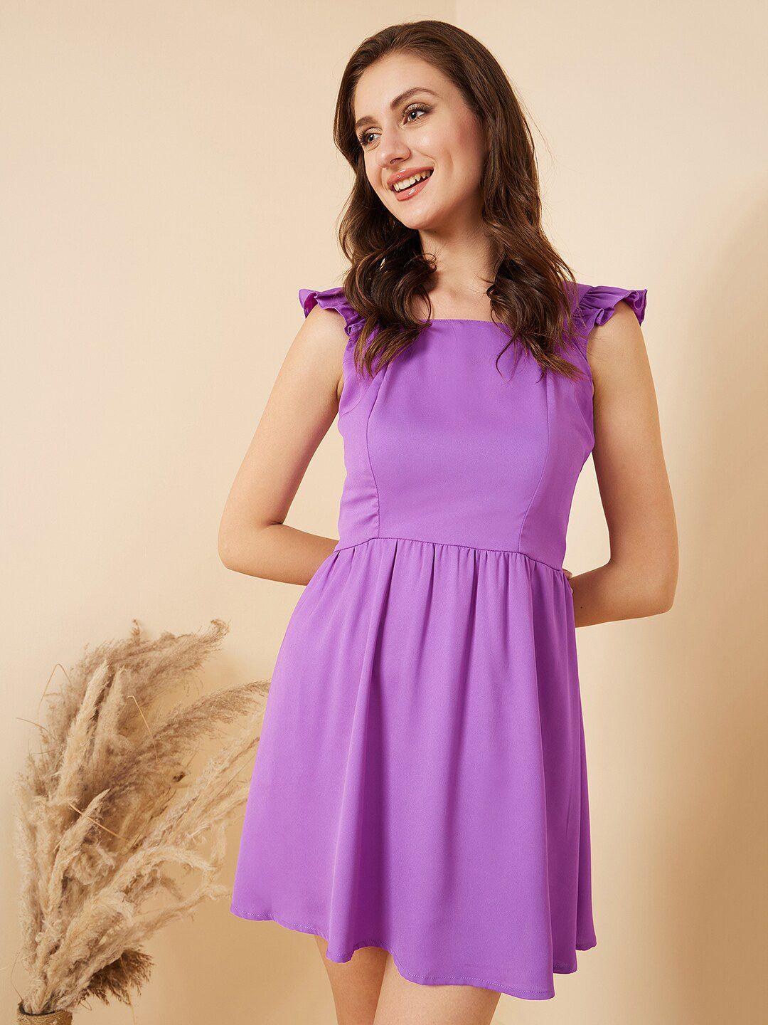 rare purple gathered flutter sleeve square neck fit & flare dress