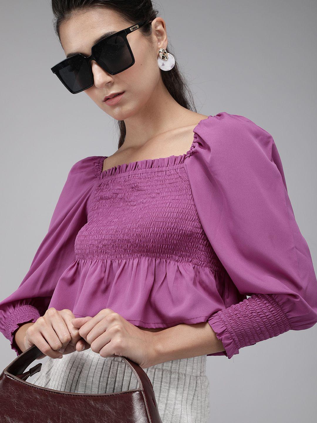 rare purple puff sleeves smocked crepe peplum crop top