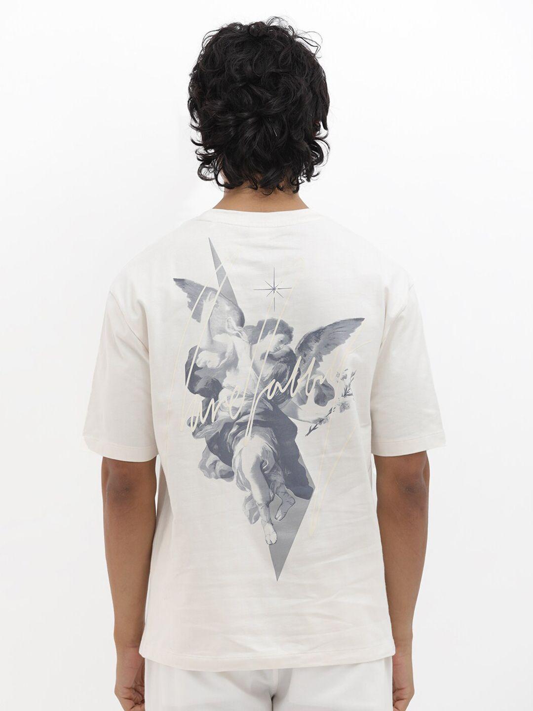 rare rabbit graphic printed drop shoulder sleeves cotton t-shirt