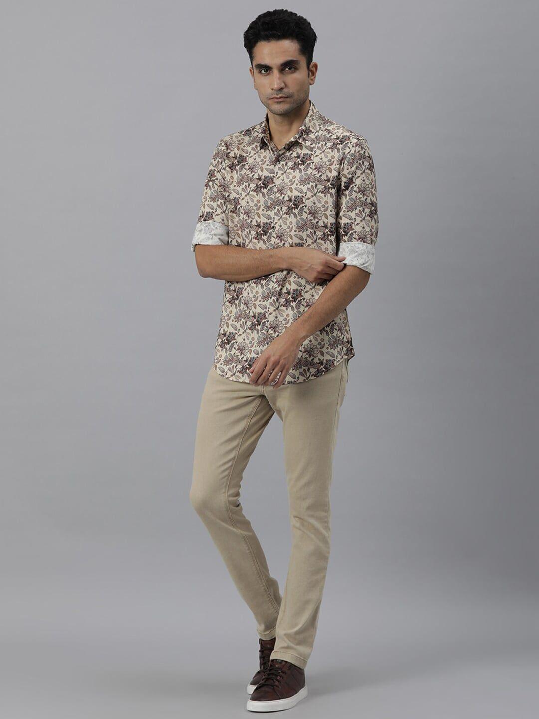 rare rabbit men beige custom slim fit floral printed casual shirt