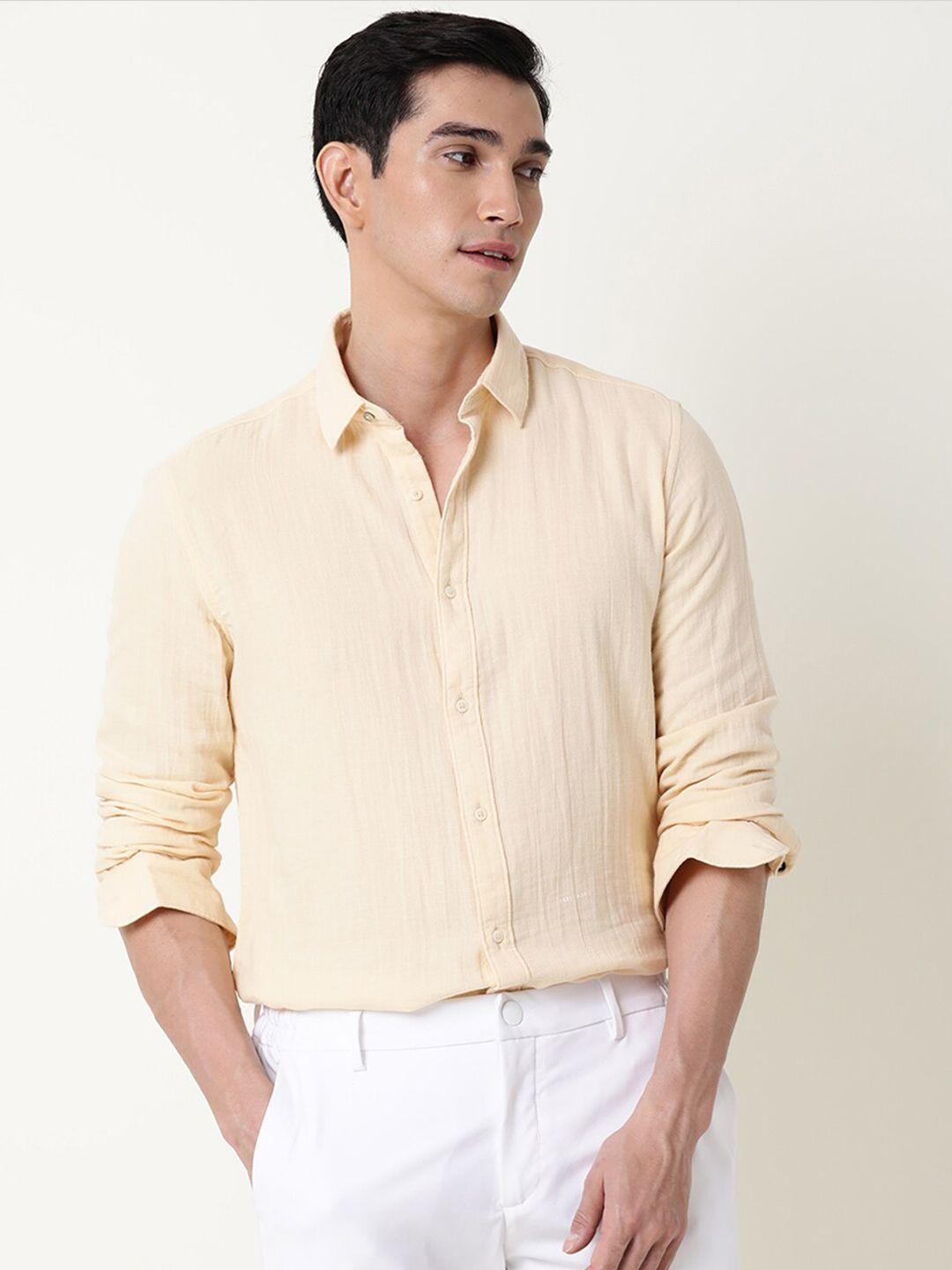 rare rabbit men beige slim fit striped casual shirt