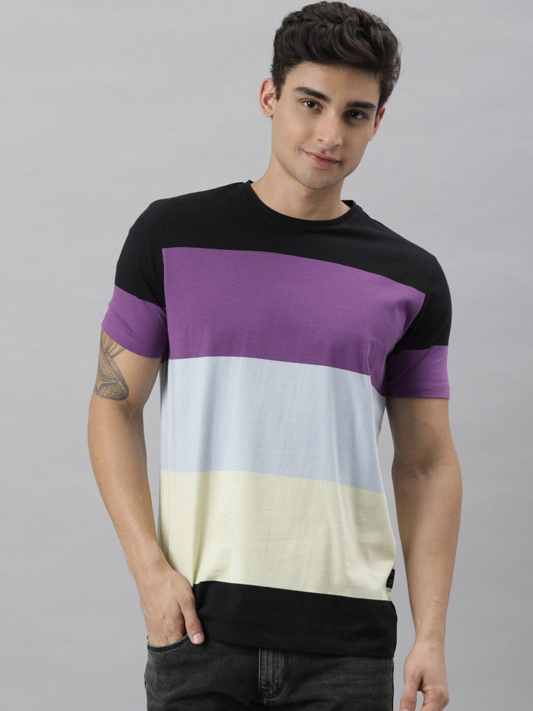 rare rabbit men black & purple colourblocked pure cotton slim fit t-shirt