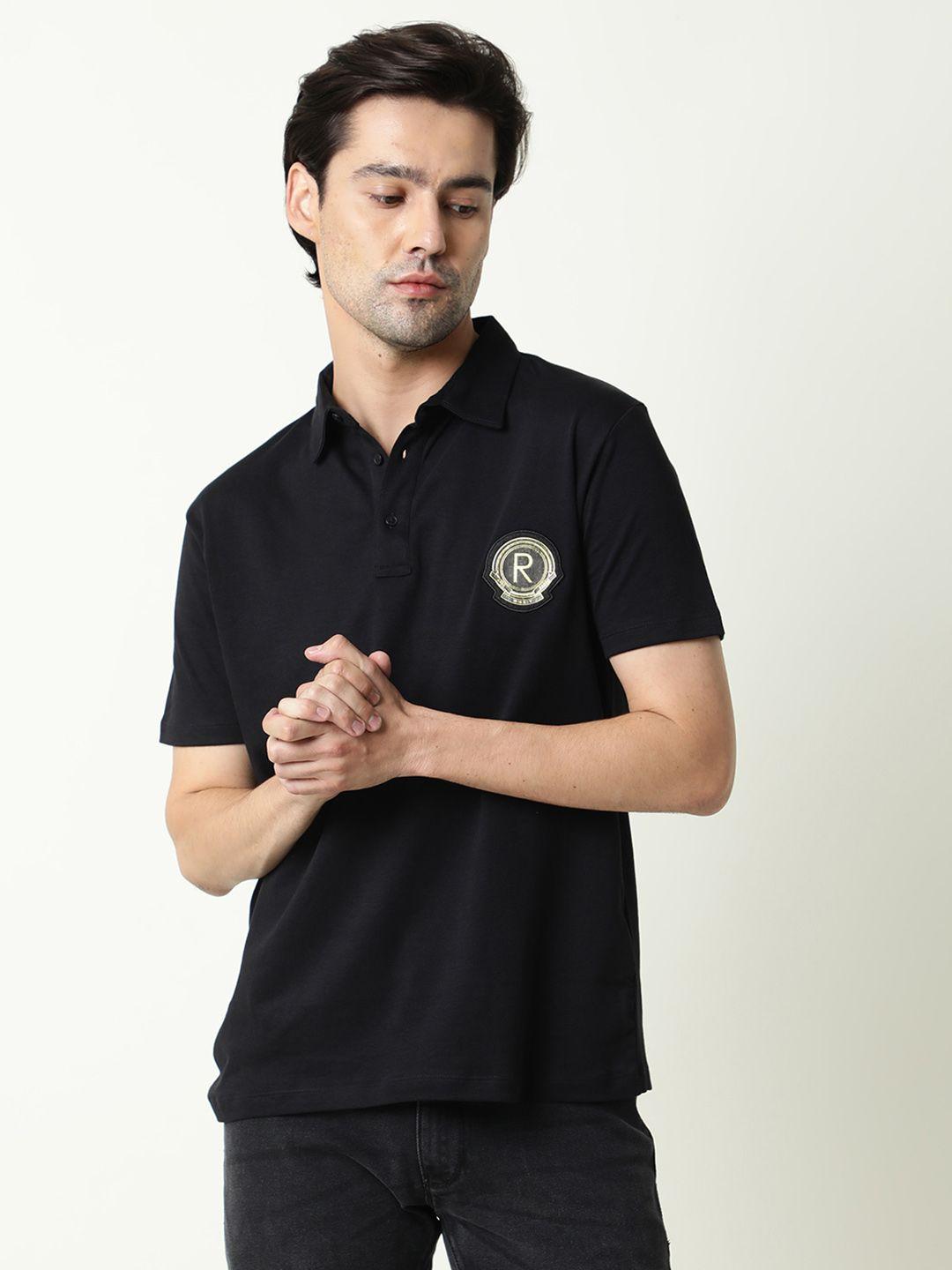 rare rabbit men black polo collar pure cotton applique slim fit t-shirt