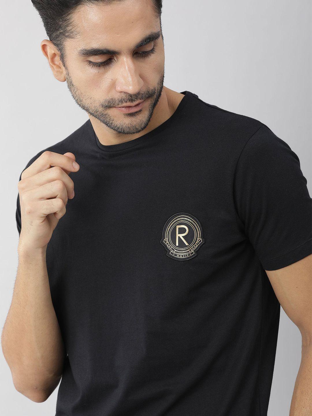 rare rabbit men black pure cotton applique slim fit t-shirt