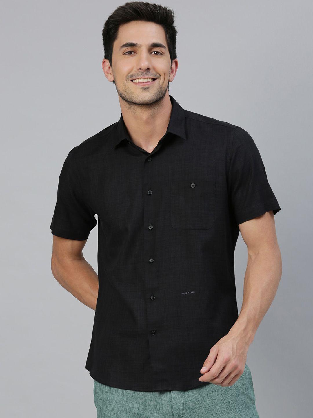 rare rabbit men black regular fit solid casual shirt