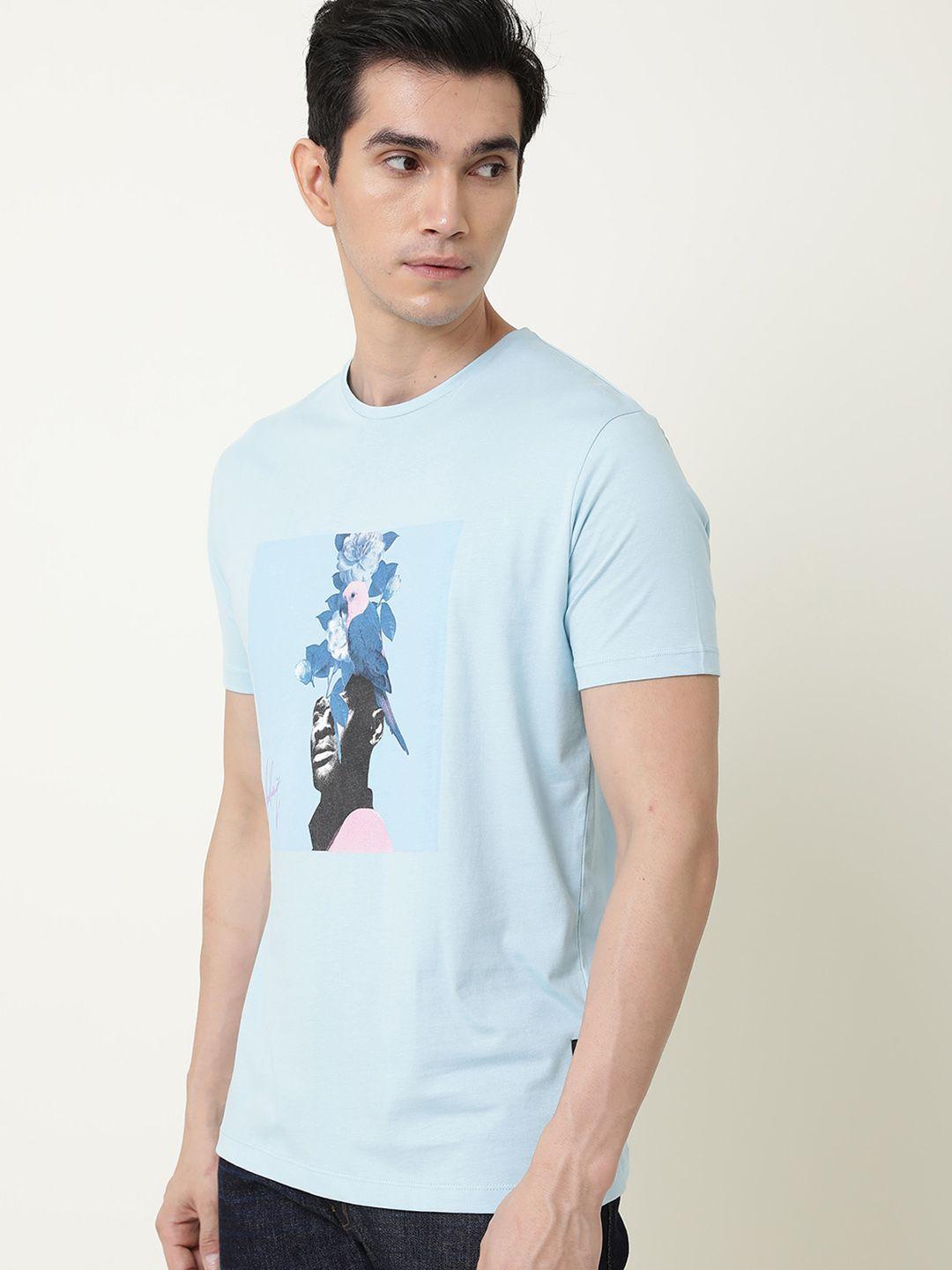 rare rabbit men blue & black printed pure cotton t-shirt