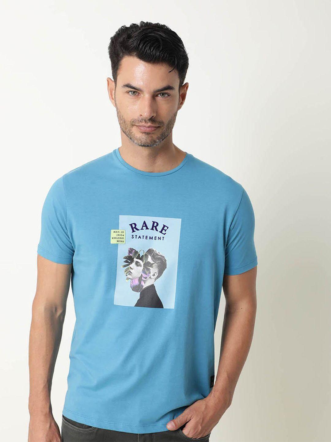 rare rabbit men blue & navy blue cotton printed slim fit t-shirt