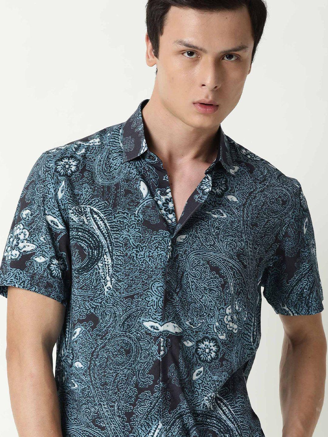 rare rabbit men blue custom slim fit ethnic motifs printed casual shirt