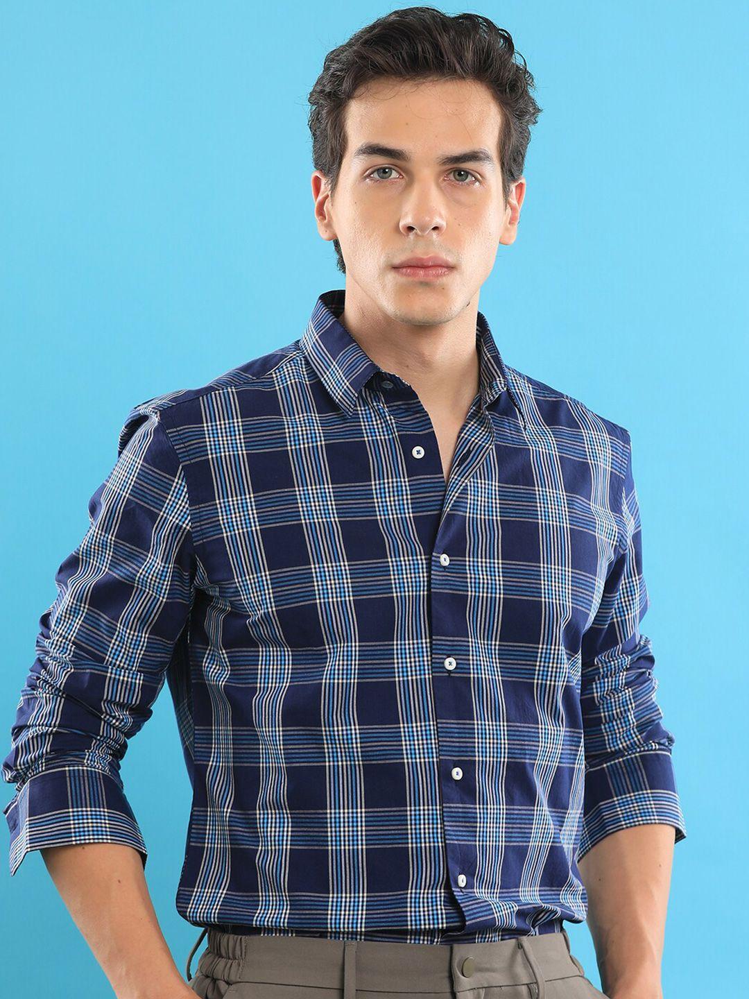 rare rabbit men blue slim fit tartan checks opaque checked casual shirt