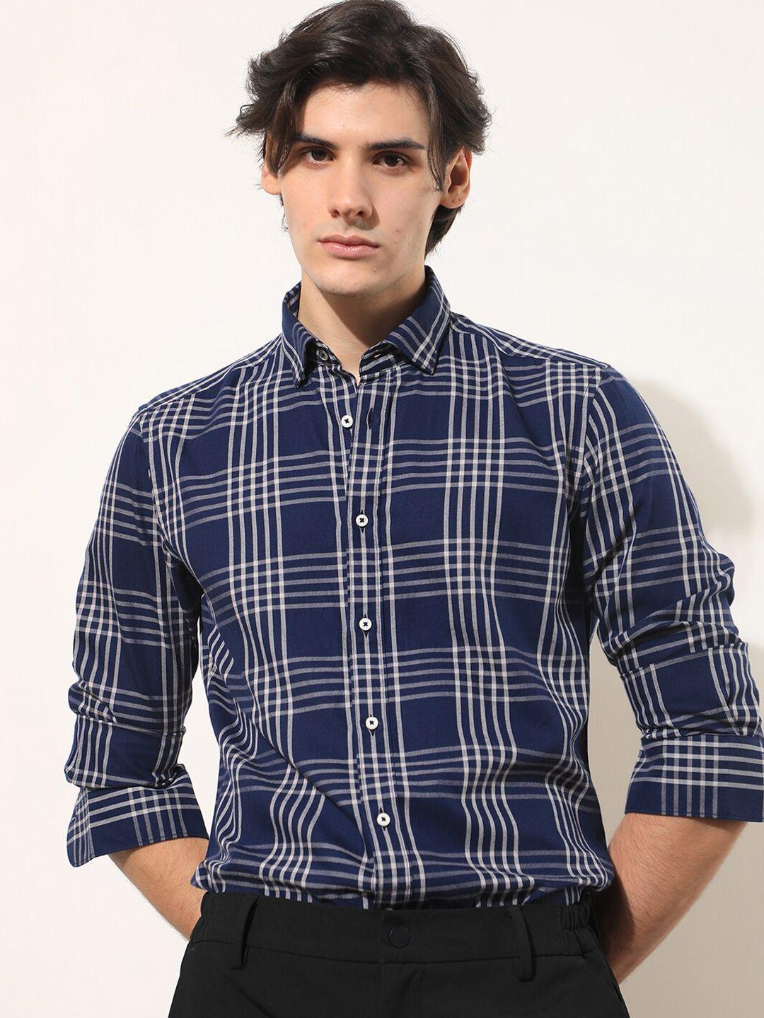 rare rabbit men blue slim fit tartan checks opaque checked casual shirt