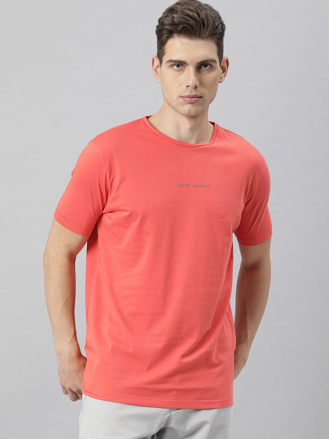rare rabbit men coral orange brand logo printed cotton slim fit t-shirt
