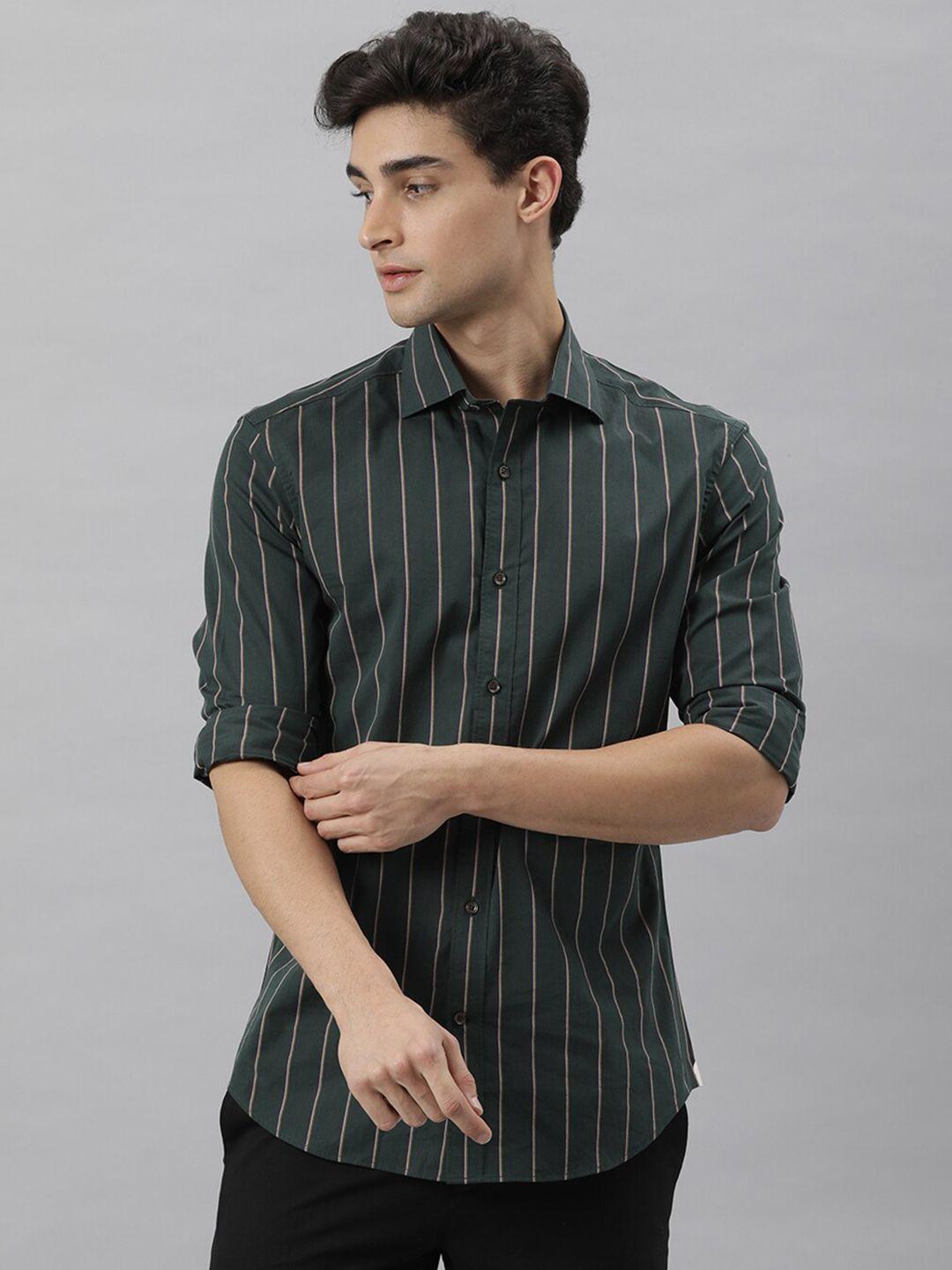 rare rabbit men green custom slim fit striped cotton casual shirt