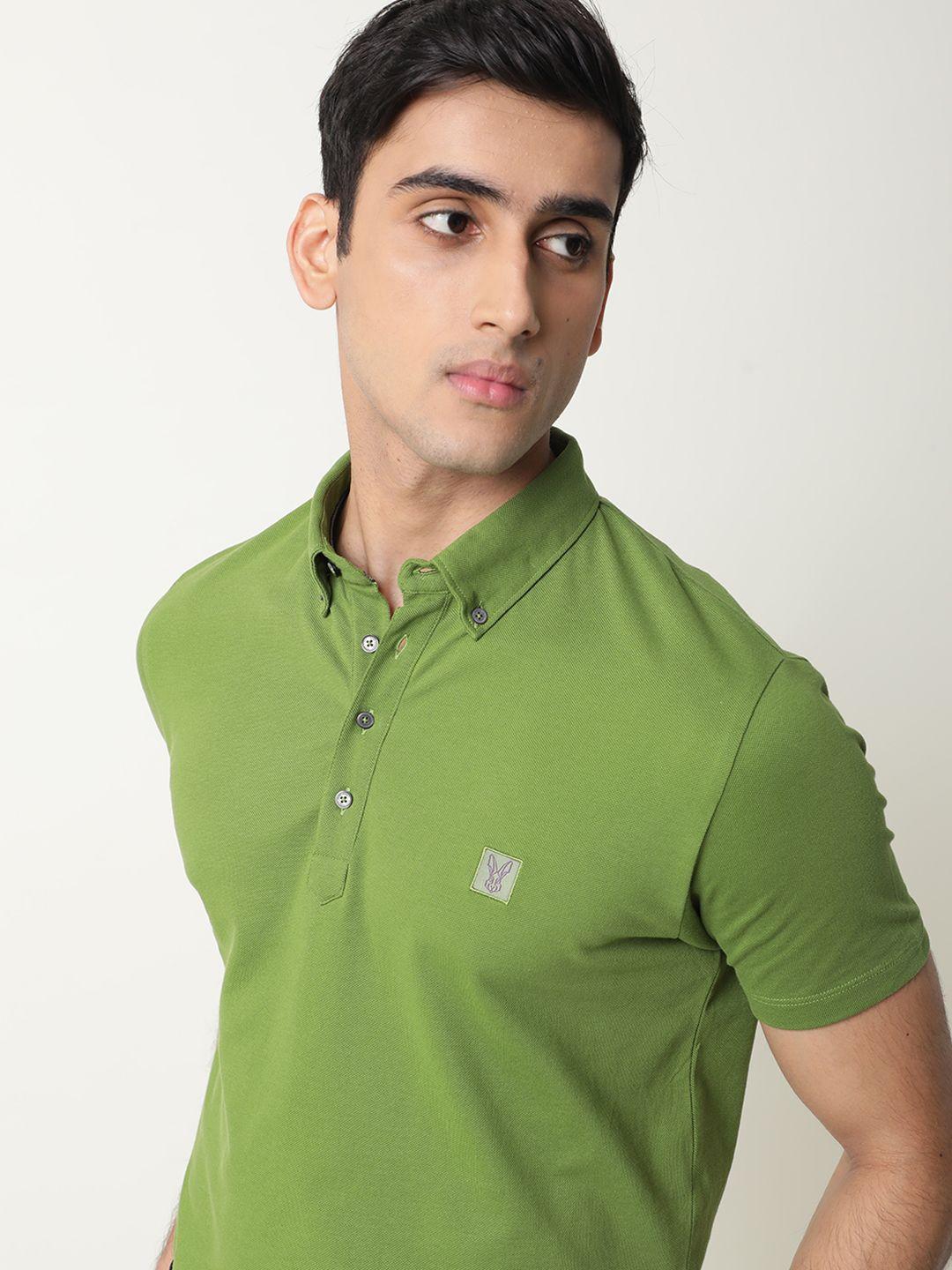 rare rabbit men green pure cotton solid polo collar pure cotton t-shirt