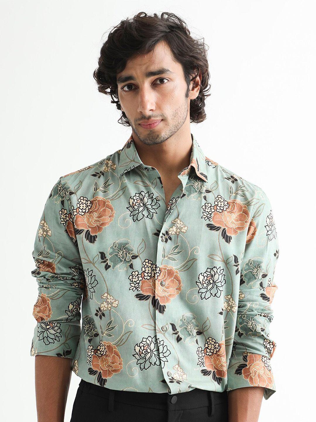 rare rabbit men green slim fit floral opaque printed casual shirt