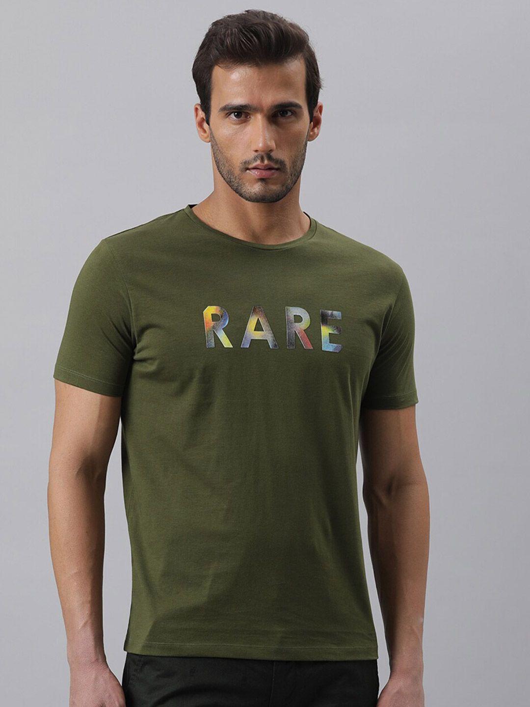 rare rabbit men green typography printed pure cotton slim fit t-shirt