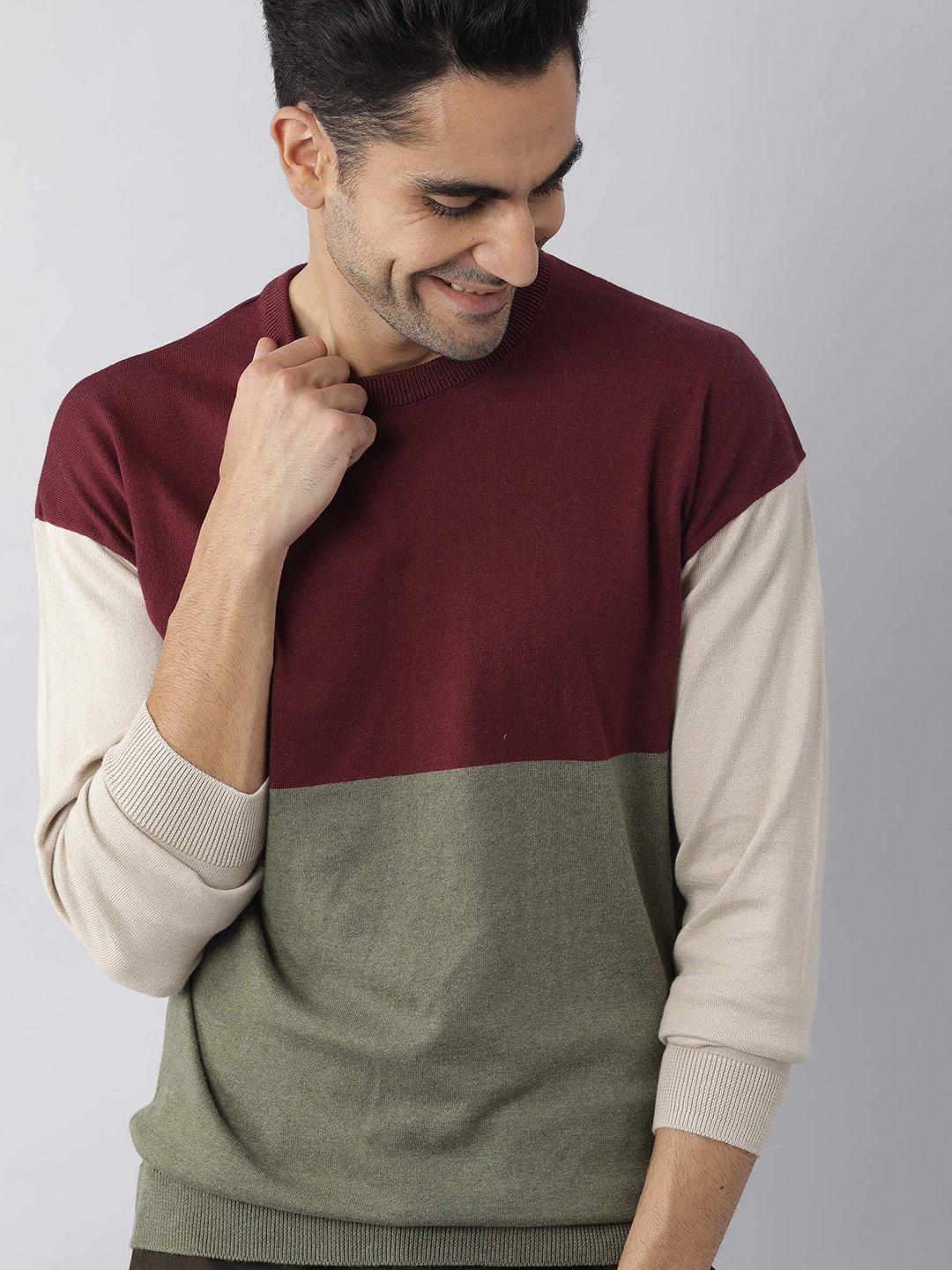 rare rabbit men maroon & olive colourblocked pullover