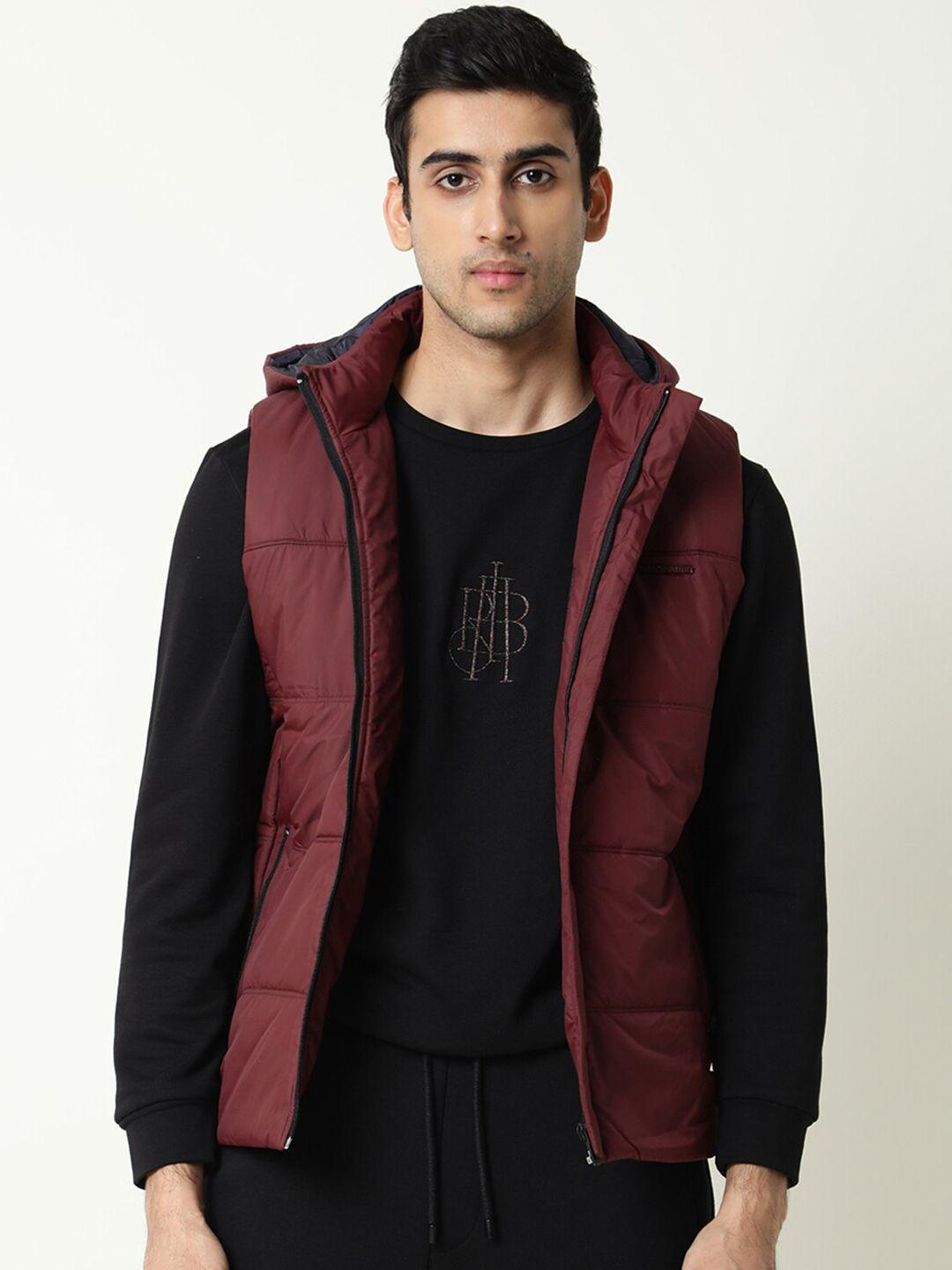 rare rabbit men maroon colourblocked padded jacket