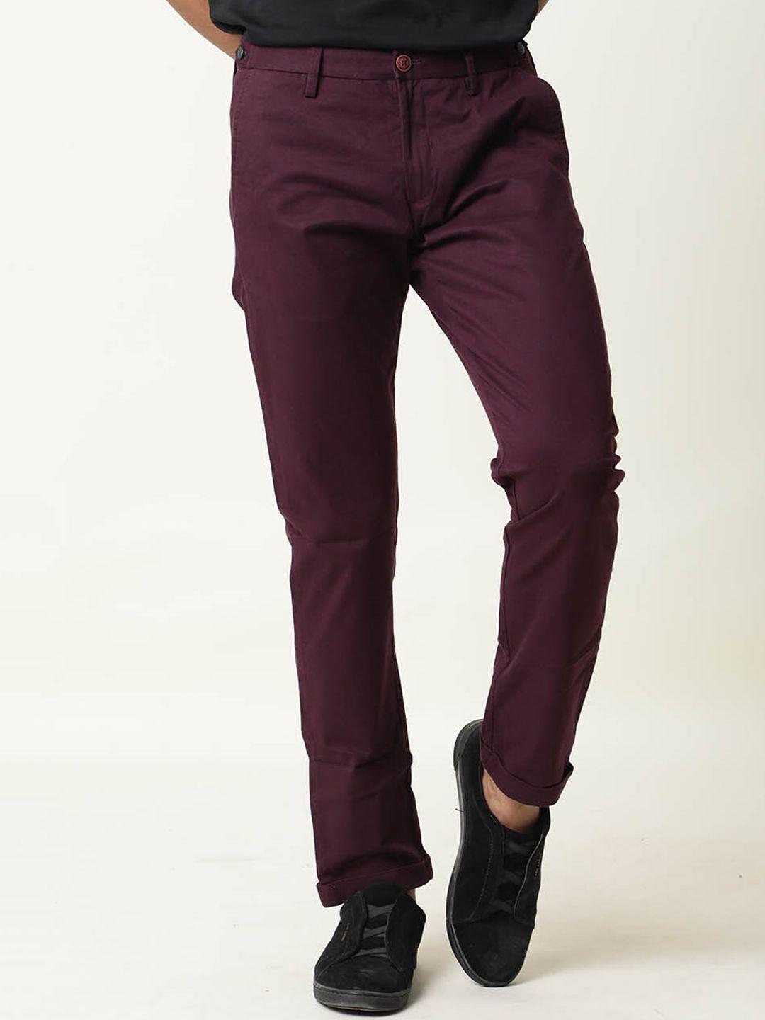 rare rabbit men maroon slim fit cotton trousers