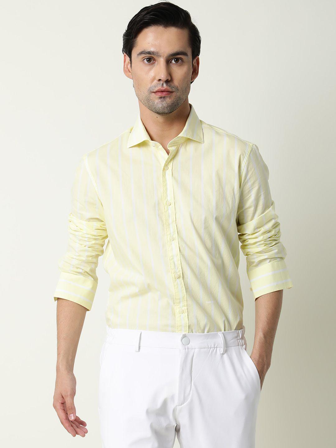 rare rabbit men mustard yellow & white custom slim fit striped casual shirt