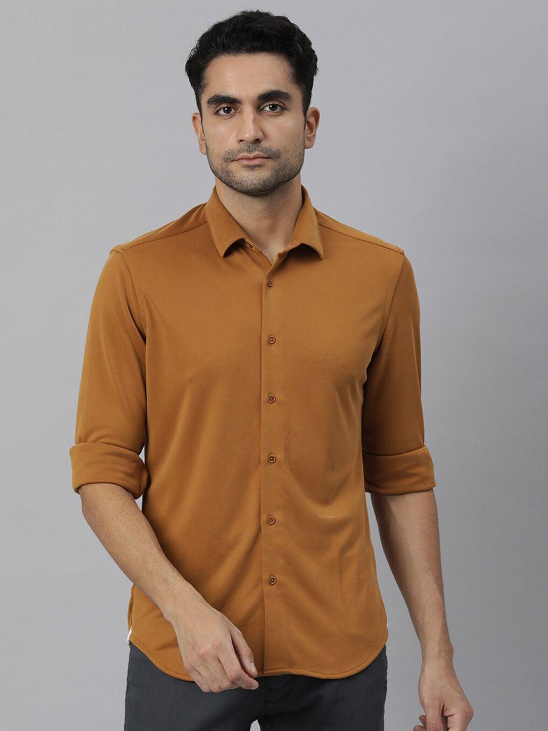 rare rabbit men mustard yellow solid custom slim fit casual shirt