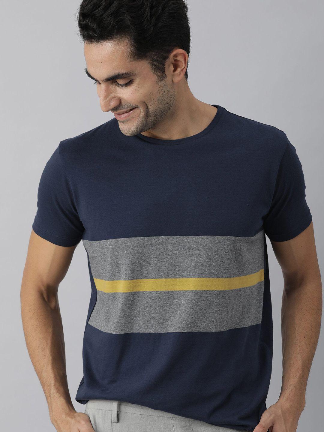 rare rabbit men navy blue colourblocked pure cotton applique slim fit t-shirt