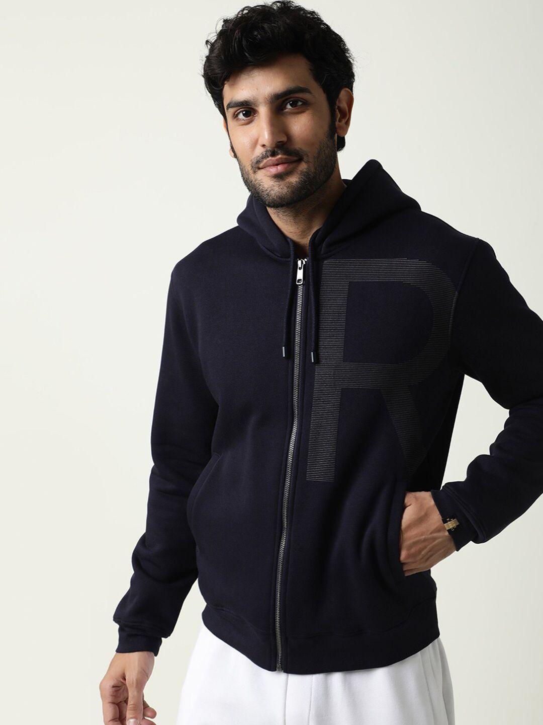 rare rabbit men navy blue printed hooded sweatshirt