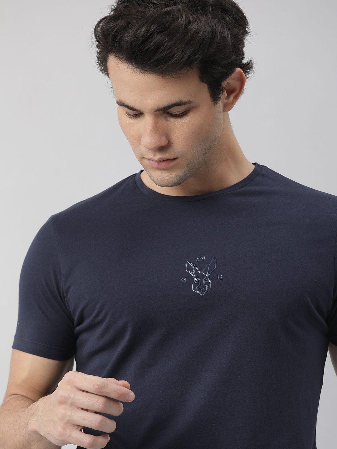rare rabbit men navy blue printed pure cotton slim fit t-shirt
