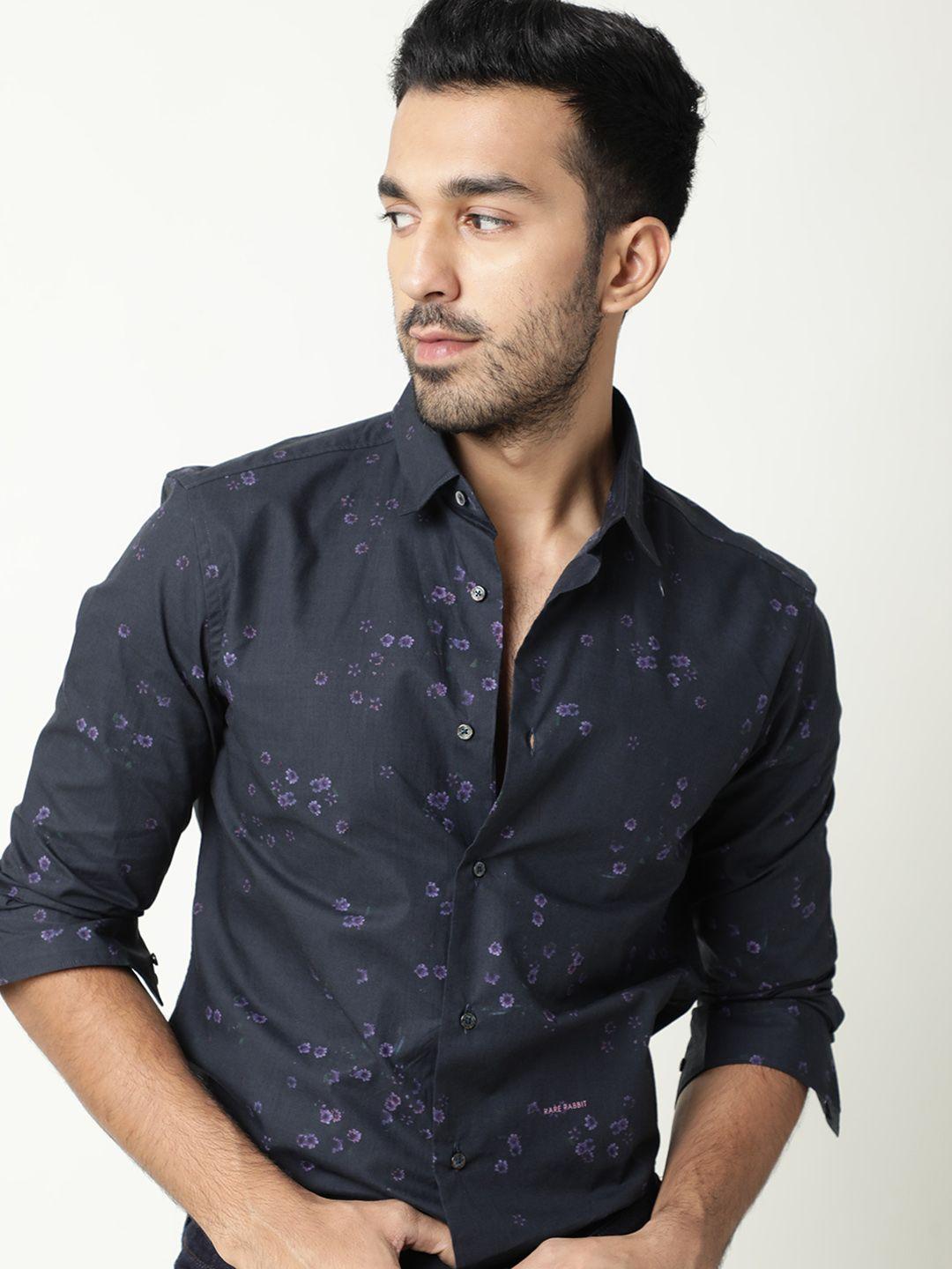 rare rabbit men navy blue slim fit floral opaque printed casual shirt