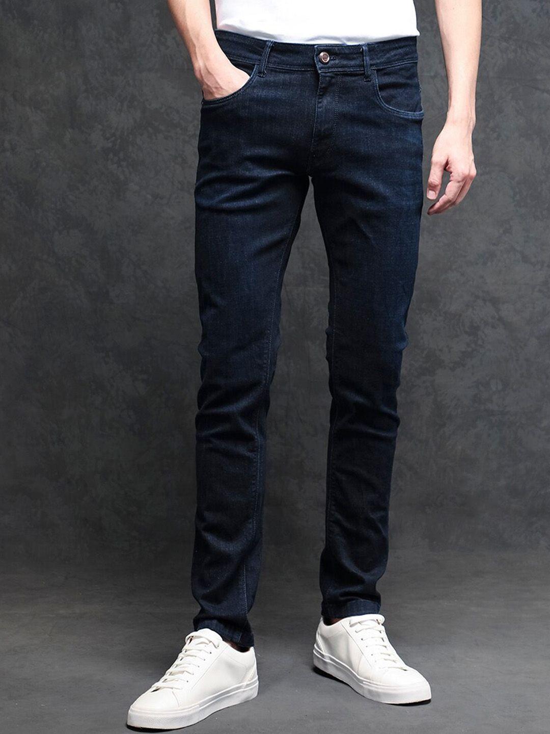 rare rabbit men navy blue slim fit low distress stretchable jeans