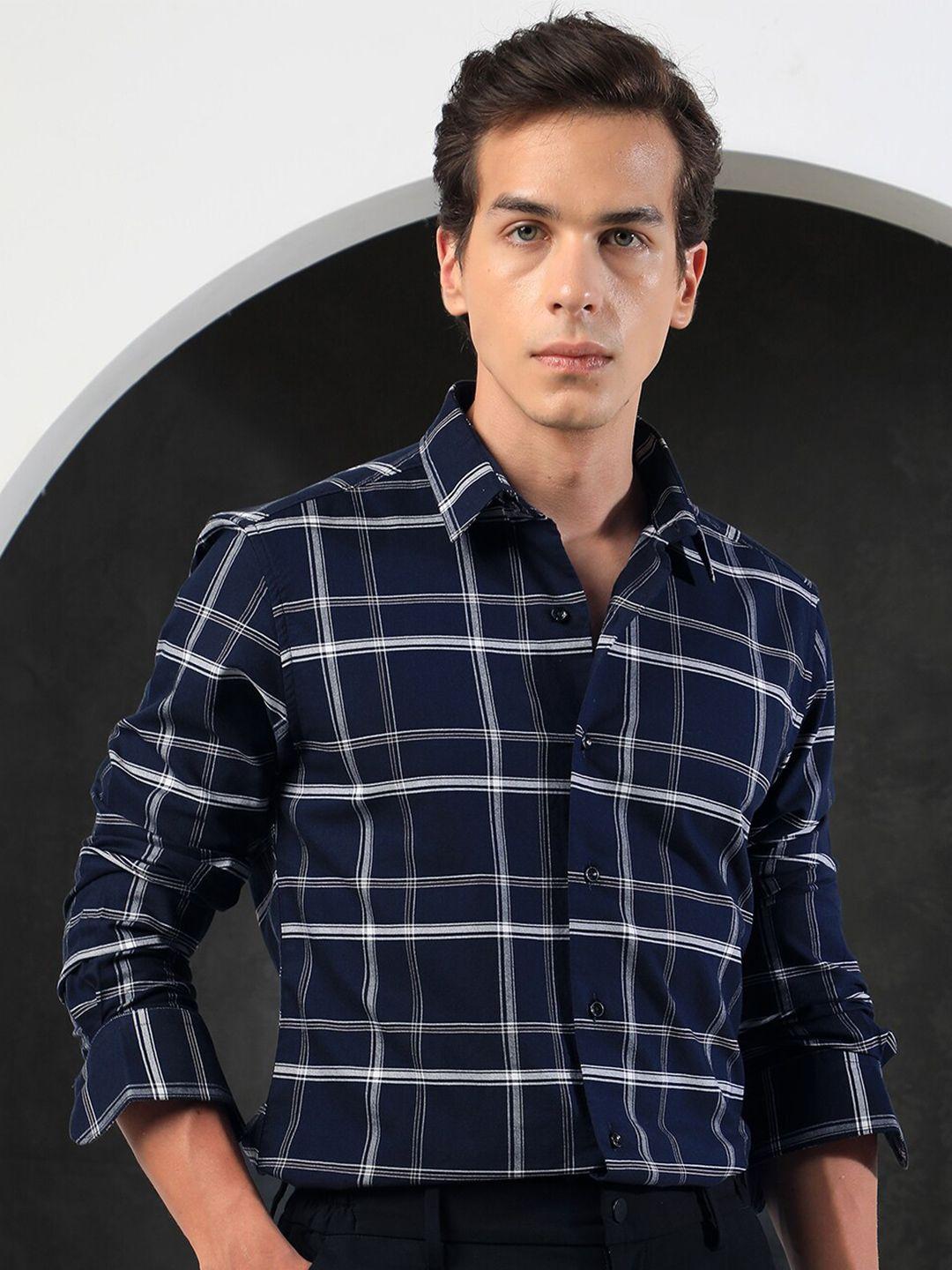 rare rabbit men navy blue slim fit tartan checks opaque checked casual shirt