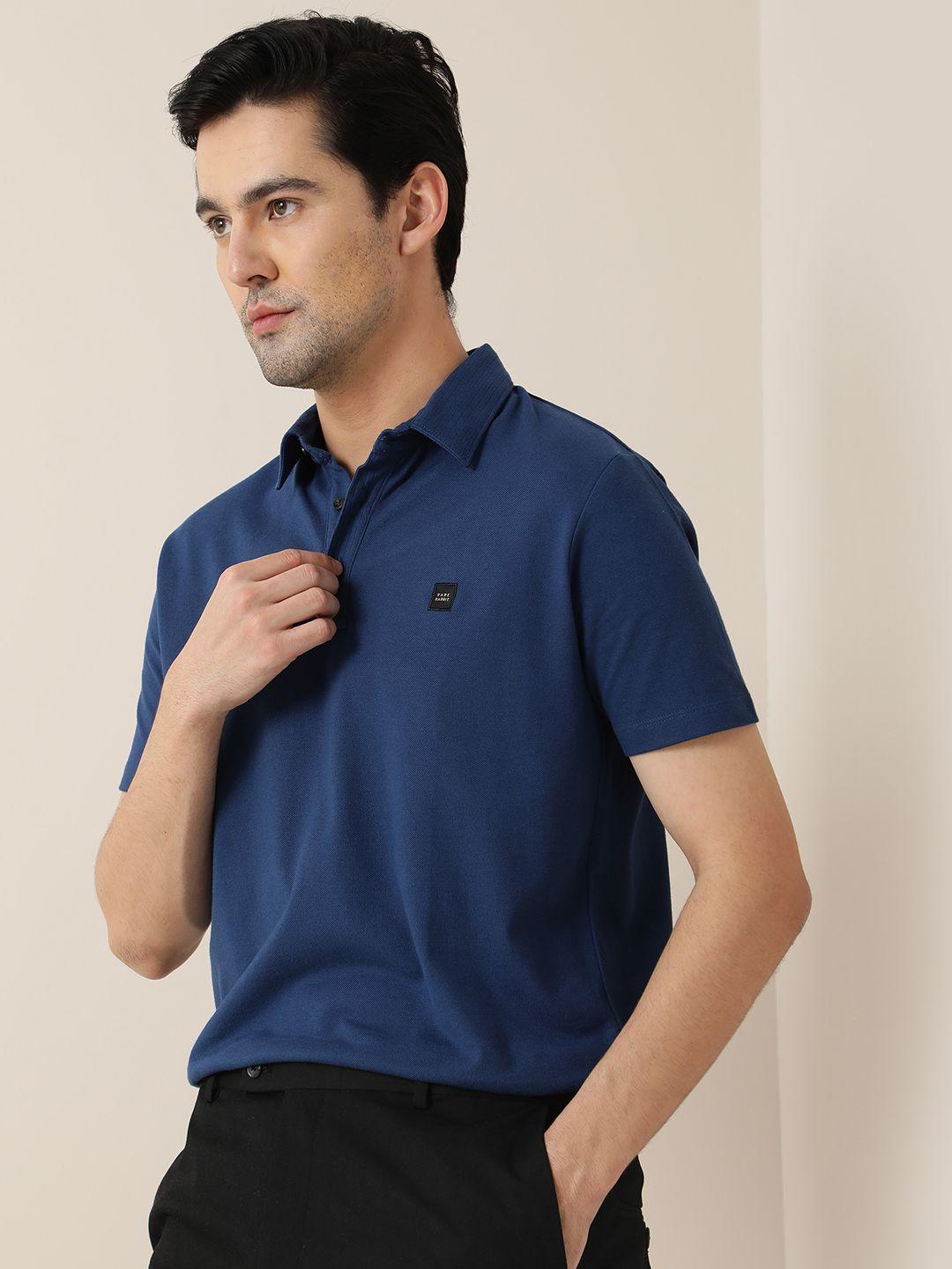 rare rabbit men navy blue solid polo collar t-shirt