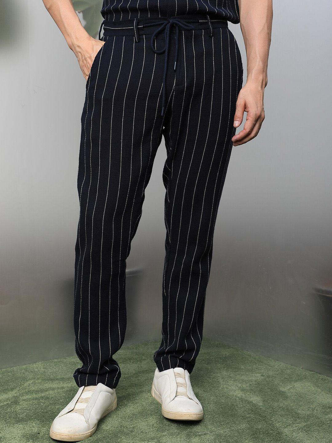 rare rabbit men navy blue striped slim fit trousers