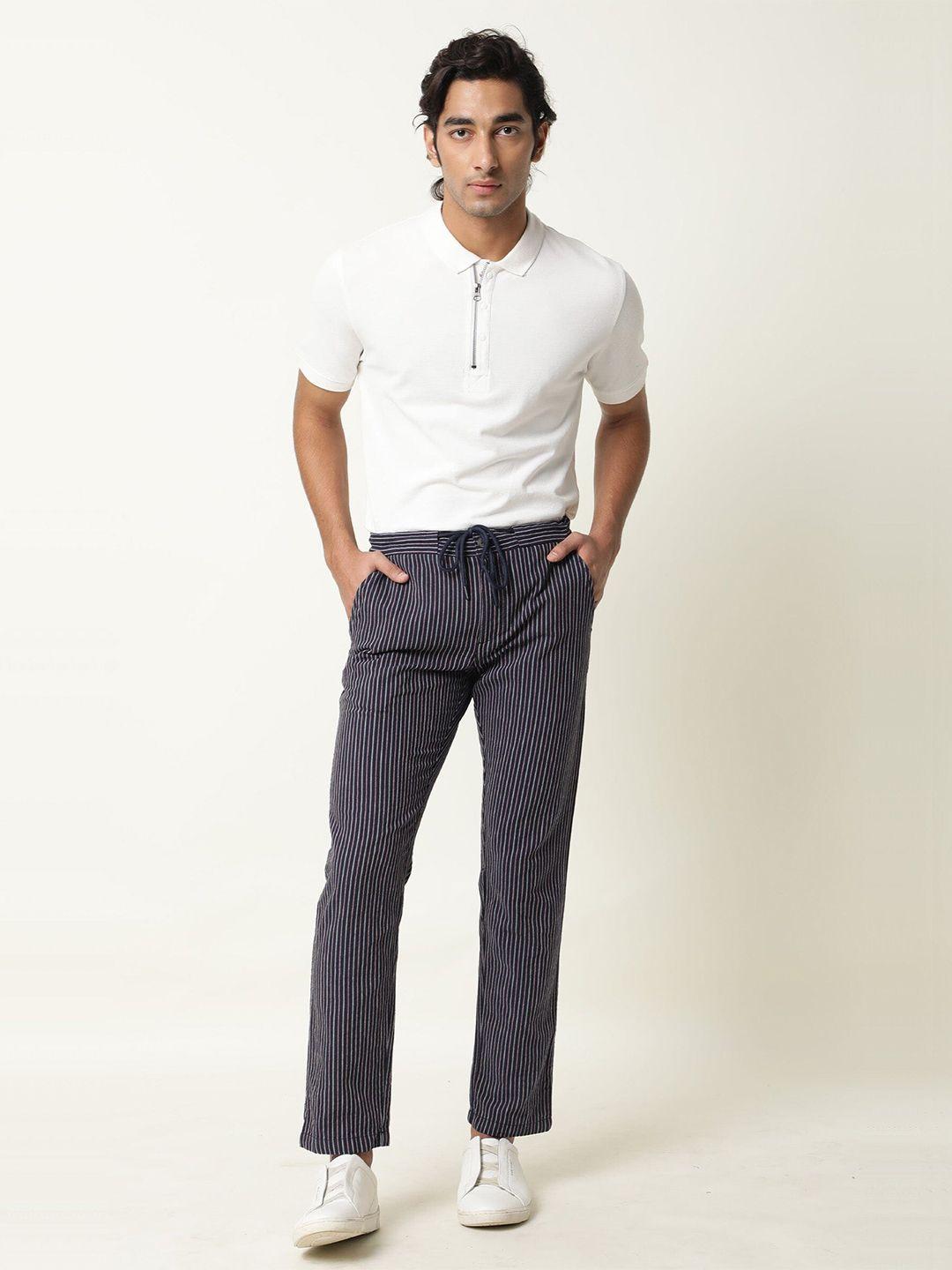 rare rabbit men navy blue striped tailored slim fit trousers