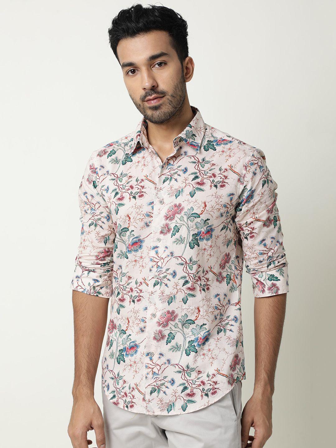 rare rabbit men off-white & pink tropical printed casual shirt