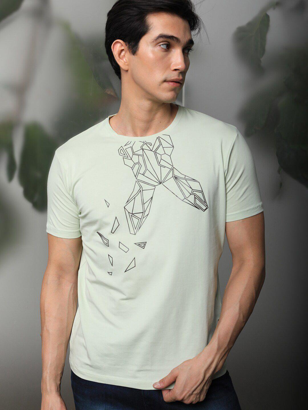 rare rabbit men olive green printed v-neck raw edge slim fit t-shirt